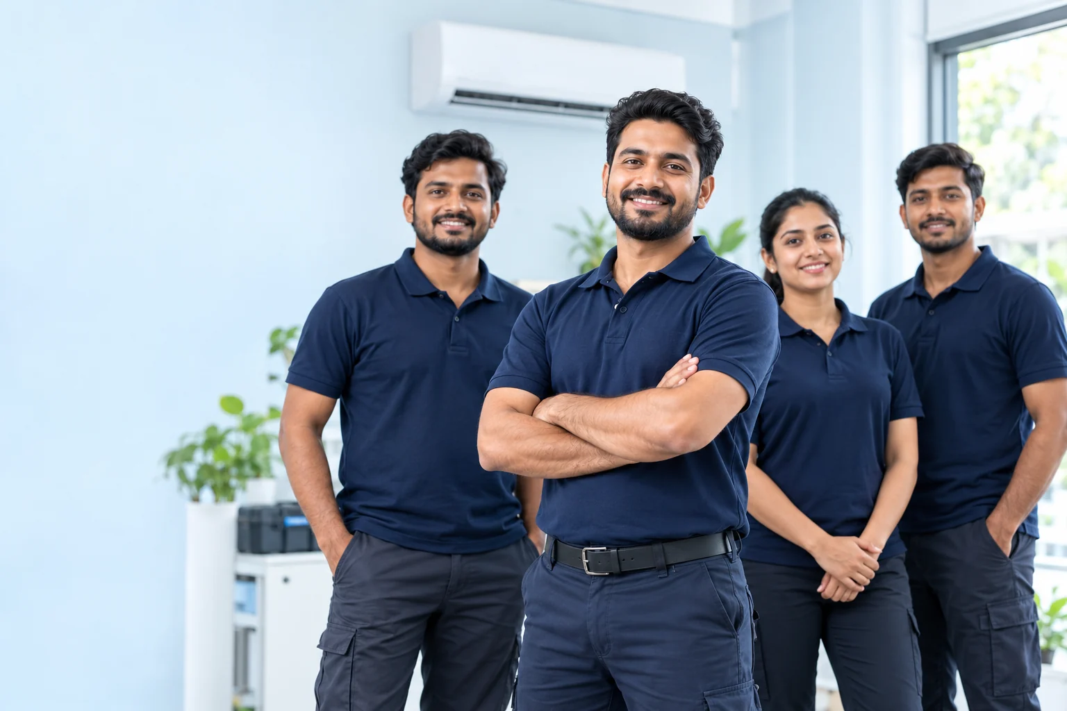 Illustrative AC service team in navy uniforms in a bright modern workplace.