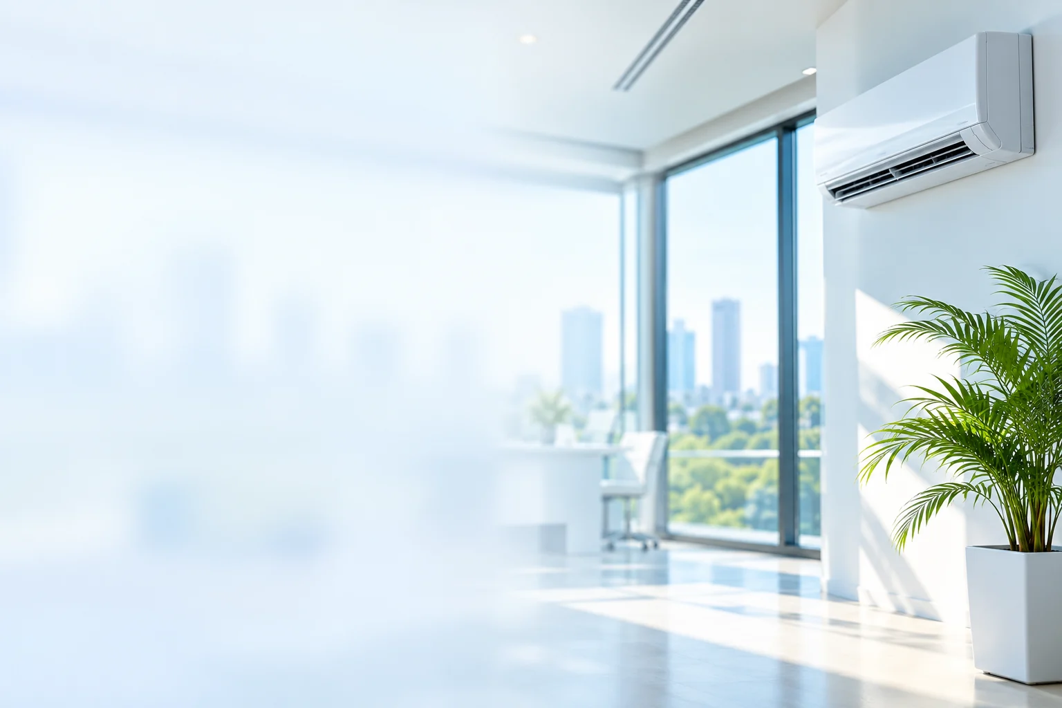 Split air conditioner in a bright modern office with blue and green accents.