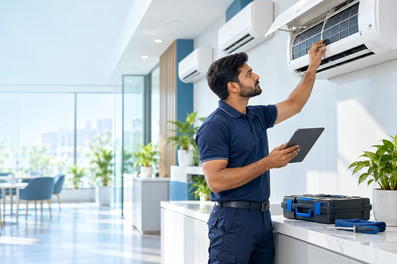 Technician inspecting AC equipment during a planned maintenance visit.